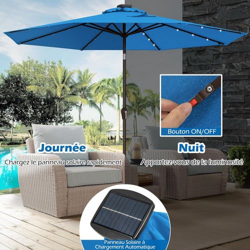 Parasol De Jardin Extérieur Ø 300 Cm, Parasol Inclinable Lumineux Solaire Avec 24 LED (bleu Clair)