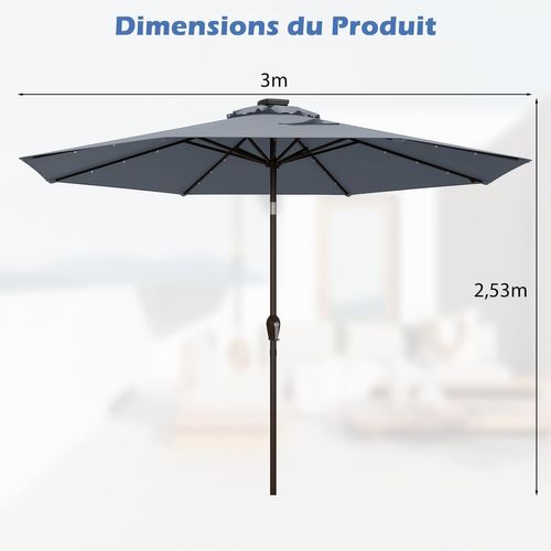 Parasol De Jardin Extérieur Ø 300 Cm, Parasol Inclinable Lumineux Solaire Avec 24 LED (gris)