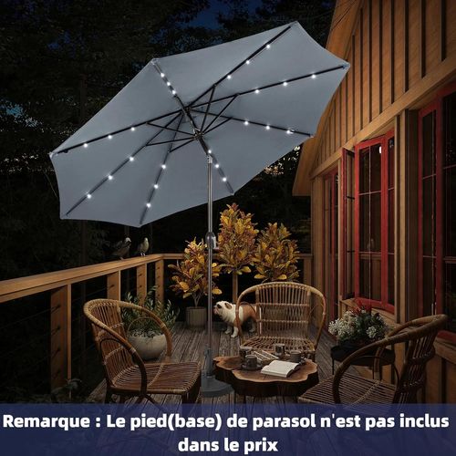 Parasol De Jardin Extérieur Ø 300 Cm, Parasol Inclinable Lumineux Solaire Avec 24 LED (gris)