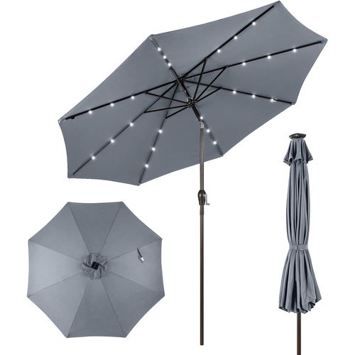 Parasol De Jardin Extérieur Ø 300 Cm, Parasol Inclinable Lumineux Solaire Avec 24 LED (gris)