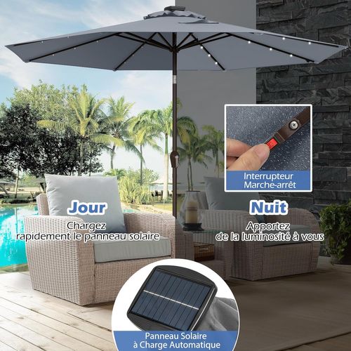 Parasol De Jardin Extérieur Ø 300 Cm, Parasol Inclinable Lumineux Solaire Avec 24 LED (gris)