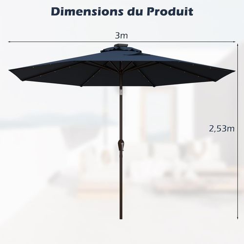 Parasol De Jardin Extérieur Ø 300 Cm, Parasol Inclinable Lumineux Solaire Avec 24 LED (bleu Foncé)