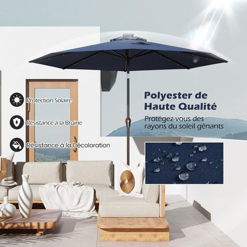 Parasol De Jardin Extérieur Ø 300 Cm, Parasol Inclinable Lumineux Solaire Avec 24 LED (bleu Foncé)