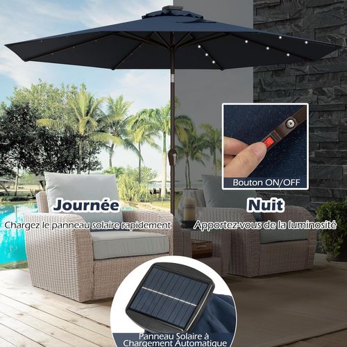 Parasol De Jardin Extérieur Ø 300 Cm, Parasol Inclinable Lumineux Solaire Avec 24 LED (bleu Foncé)