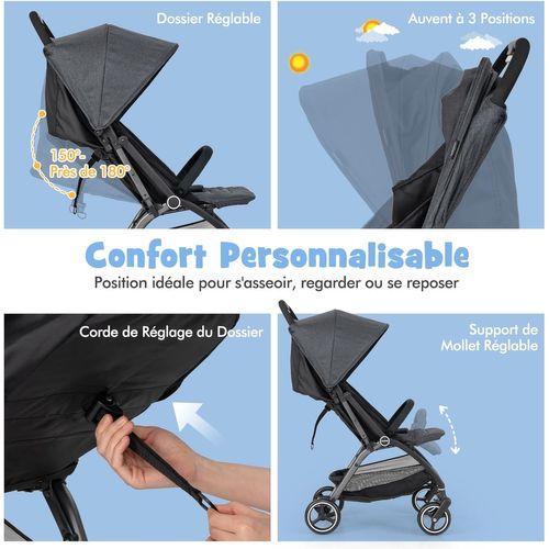 Poussette Canne Bébé 0-3 Ans(charge 15 Kg) Avec Dossier Et Auvent Réglables (gris)