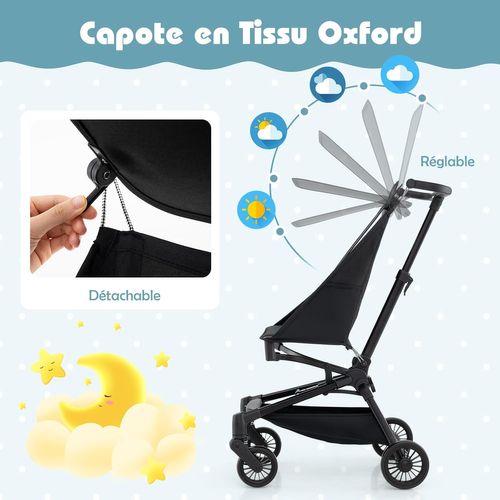Poussette Canne Bébé 6-36 Mois(charge 15 Kg) Avec Canopy Ajustable Et Siège Hamac, Noir