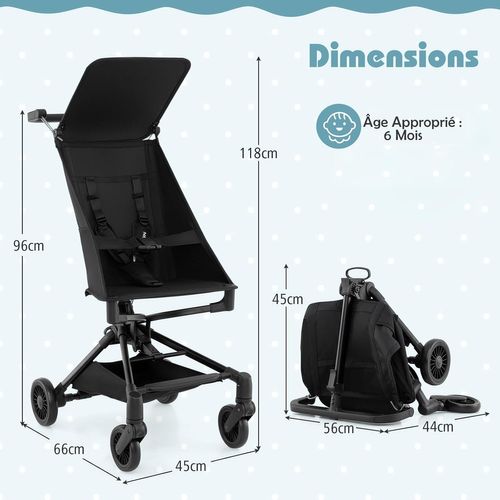 Poussette Canne Bébé 6-36 Mois(charge 15 Kg) Avec Canopy Ajustable Et Siège Hamac, Noir