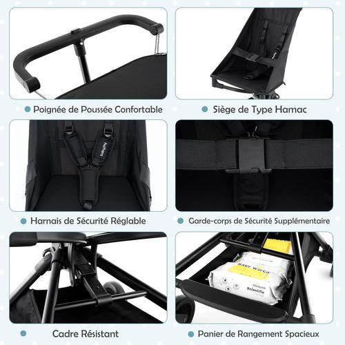 Poussette Canne Bébé 6-36 Mois(charge 15 Kg) Avec Canopy Ajustable Et Siège Hamac, Noir