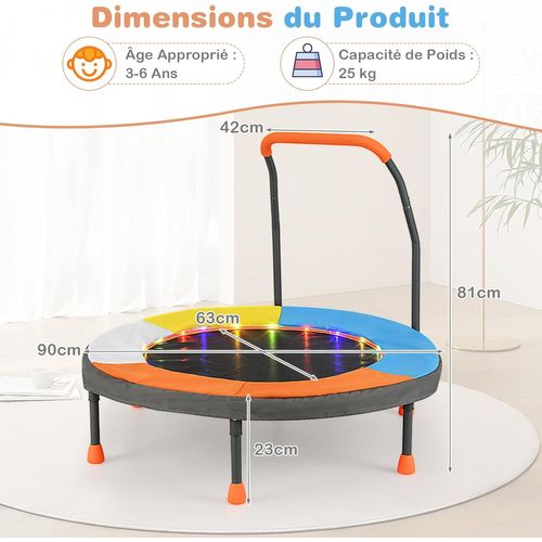 Trampoline Exterieur Enfant Ø90 Cm Avec 20 Lumières LED, Poignée En Mousse