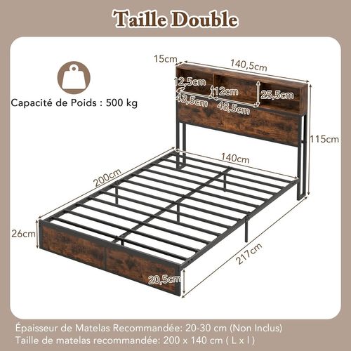 Cadre De Lit Double 140x200cm Avec Sommier, Lit Avec Tête De Lit Bibliothèque Avec Multiprise
