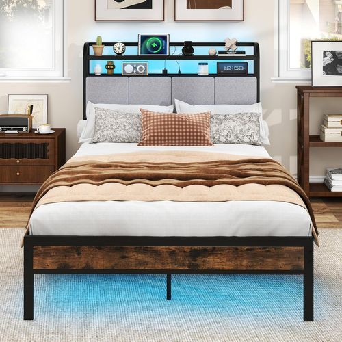 Cadre De Lit Double 140x200cm Avec Éclairage LED, Lit Avec Tête De Lit Rembourrée