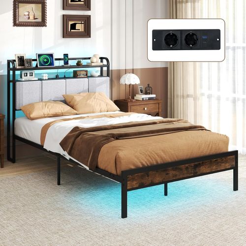 Cadre De Lit Double 140x200cm Avec Éclairage LED, Lit Avec Tête De Lit Rembourrée