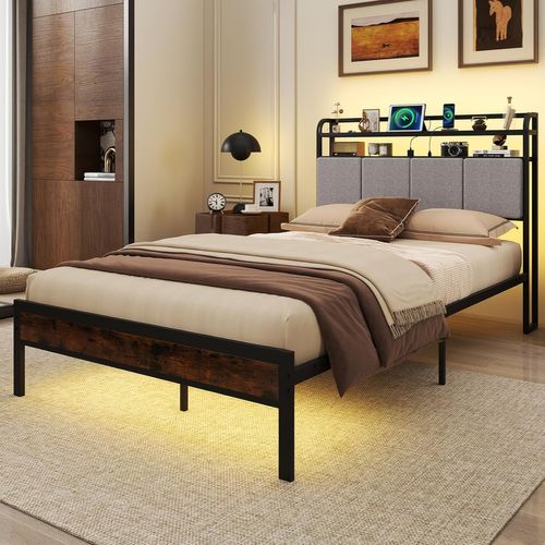 Cadre De Lit Double 140x200cm Avec Éclairage LED, Lit Avec Tête De Lit Rembourrée