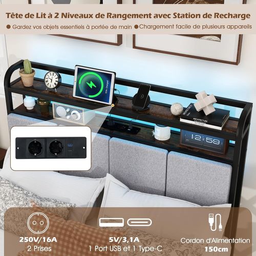 Cadre De Lit Double 140x200cm Avec Éclairage LED, Lit Avec Tête De Lit Rembourrée