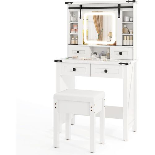 Coiffeuse Avec Tabouret,Miroir HD Coulissant Avec LED à Luminosité Réglable,79 x 40 x 138 cm,Blanc