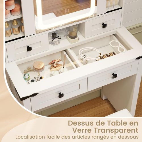 Coiffeuse Avec Tabouret,Miroir HD Coulissant Avec LED à Luminosité Réglable,79 x 40 x 138 cm,Blanc