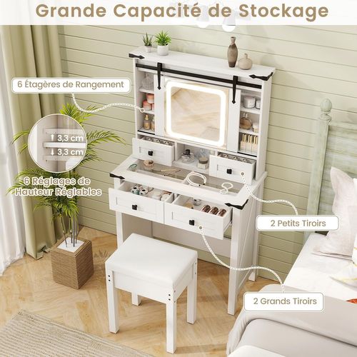 Coiffeuse Avec Tabouret,Miroir HD Coulissant Avec LED à Luminosité Réglable,79 x 40 x 138 cm,Blanc
