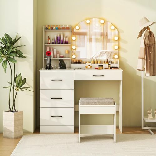 Coiffeuse Avec Tabouret Et Grand Miroir LED à Luminosité Réglable 3 Couleurs, Blanc