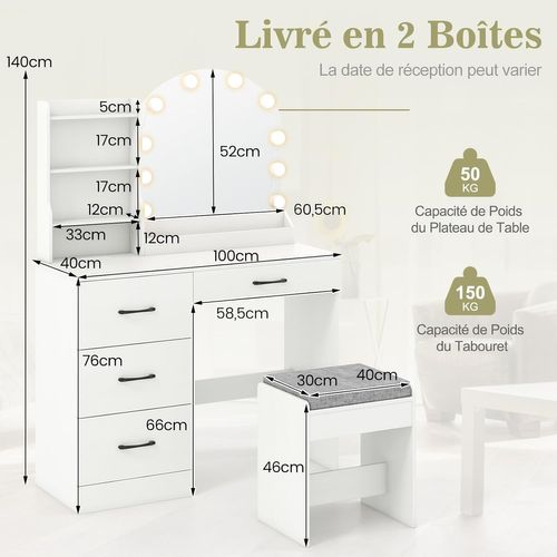 Coiffeuse Avec Tabouret Et Grand Miroir LED à Luminosité Réglable 3 Couleurs, Blanc