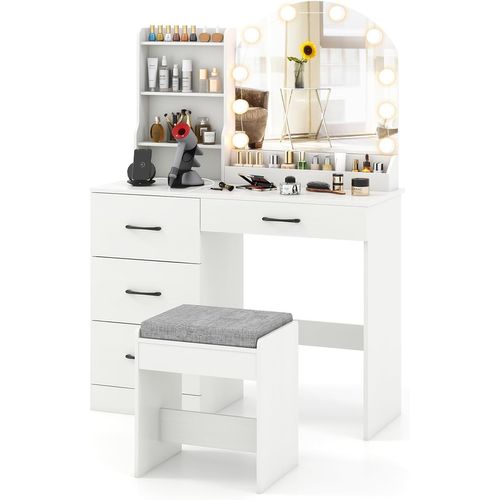 Coiffeuse Avec Tabouret Et Grand Miroir LED à Luminosité Réglable 3 Couleurs, Blanc