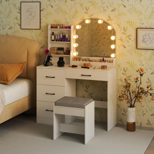 Coiffeuse Avec Tabouret Et Grand Miroir LED à Luminosité Réglable 3 Couleurs, Blanc