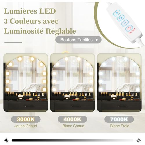 Coiffeuse Avec Tabouret Et Grand Miroir LED à Luminosité Réglable 3 Couleurs, Blanc