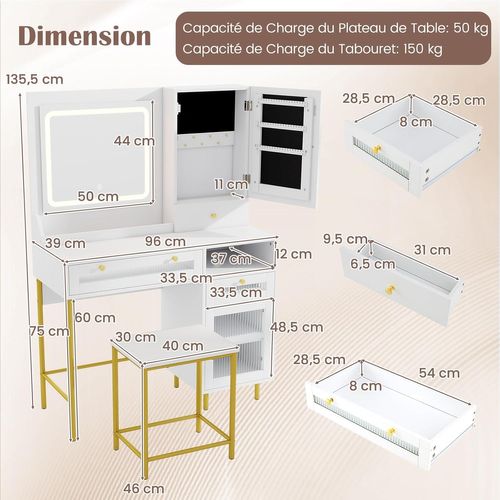 Coiffeuse Avec Miroir Et Tabouret,Coiffeuse Avec Rangement,Luminosité Réglable, Blanc+Or