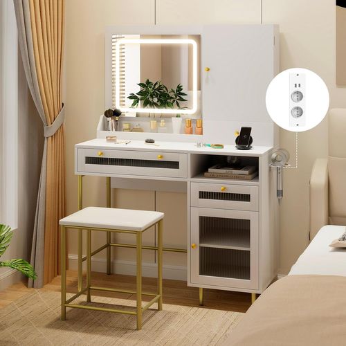 Coiffeuse Avec Miroir Et Tabouret,Coiffeuse Avec Rangement,Luminosité Réglable, Blanc+Or