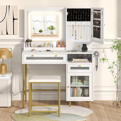 Coiffeuse Avec Miroir Et Tabouret,Coiffeuse Avec Rangement,Luminosité Réglable, Blanc+Or