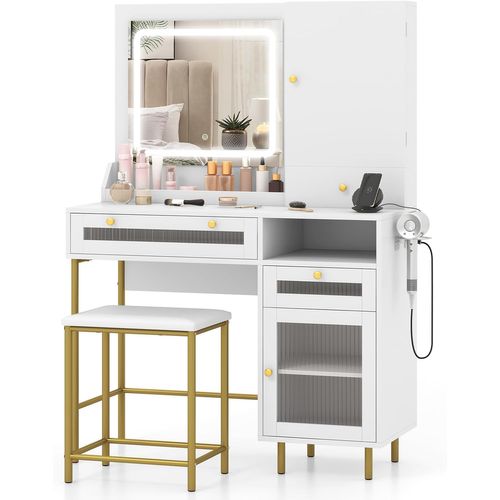 Coiffeuse Avec Miroir Et Tabouret,Coiffeuse Avec Rangement,Luminosité Réglable, Blanc+Or