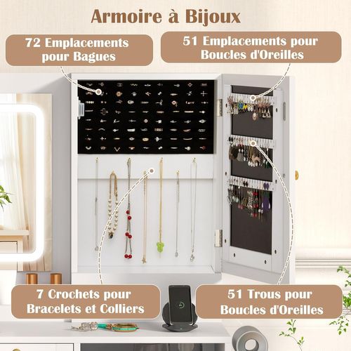 Coiffeuse Avec Miroir Et Tabouret,Coiffeuse Avec Rangement,Luminosité Réglable, Blanc+Or