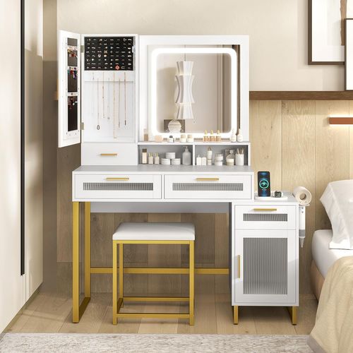 Coiffeuse Avec Miroir Et Tabouret, Coiffeuse Avec Rangement, 3 Couleurs, Blanc