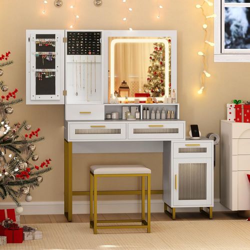 Coiffeuse Avec Miroir Et Tabouret, Coiffeuse Avec Rangement, 3 Couleurs, Blanc