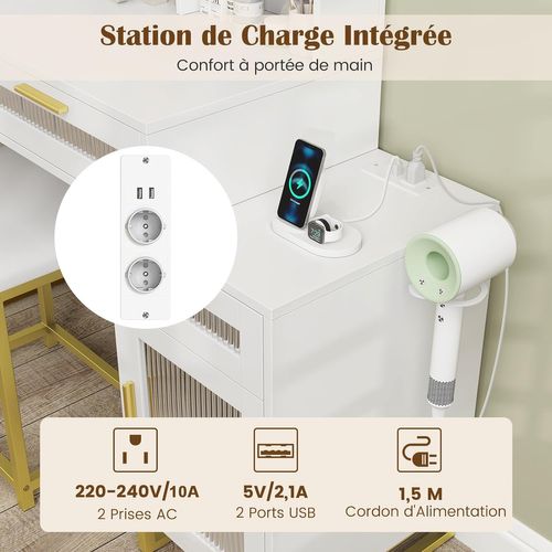 Coiffeuse Avec Miroir Et Tabouret, Coiffeuse Avec Rangement, 3 Couleurs, Blanc