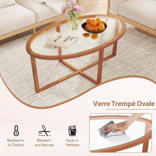 Table Basse En Verre Trempé, Table Basse Bois Ovale, Pieds Croisée En Bois D'acacia, Brun