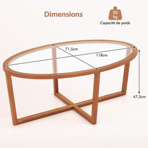 Table Basse En Verre Trempé, Table Basse Bois Ovale, Pieds Croisée En Bois D'acacia, Brun