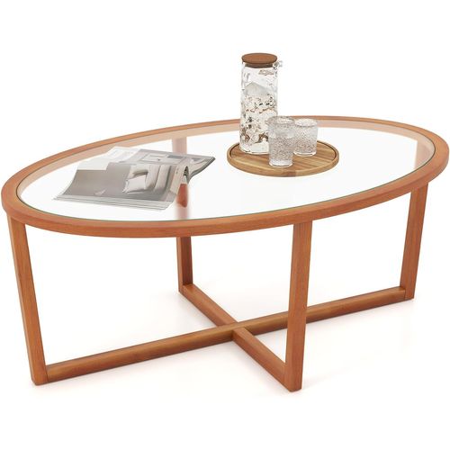 Table Basse En Verre Trempé, Table Basse Bois Ovale, Pieds Croisée En Bois D'acacia, Brun
