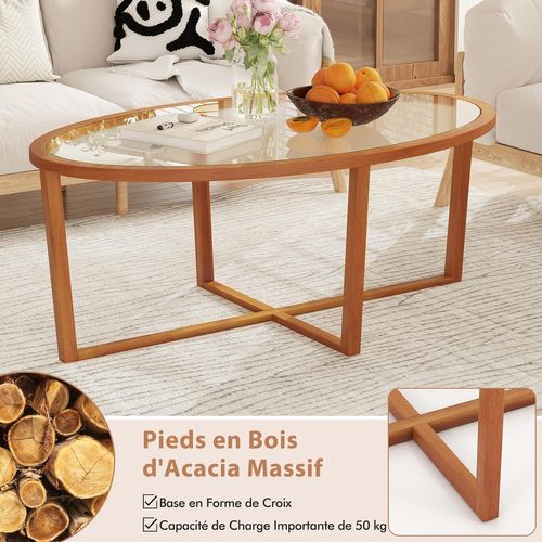 Table Basse En Verre Trempé, Table Basse Bois Ovale, Pieds Croisée En Bois D'acacia, Brun