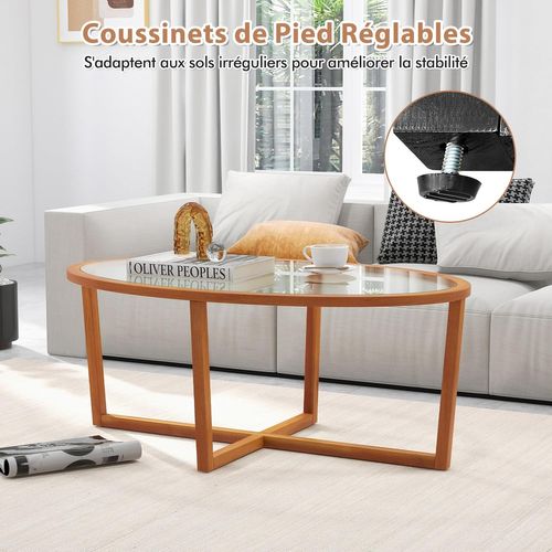 Table Basse En Verre Trempé, Table Basse Bois Ovale, Pieds Croisée En Bois D'acacia, Brun