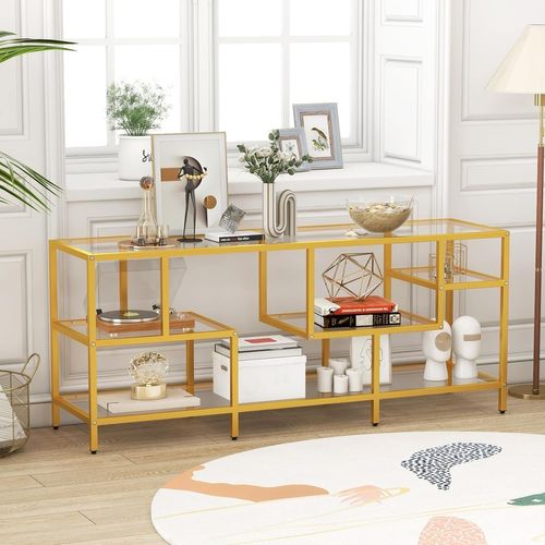 Meuble TV Verre, Meuble Télé Pour 65 Pouces, Table Console Avec 4 Etagères, Grand Plateau, Doré