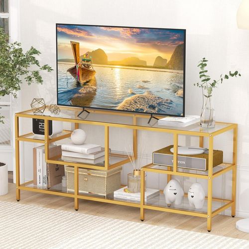 Meuble TV Verre, Meuble Télé Pour 65 Pouces, Table Console Avec 4 Etagères, Grand Plateau, Doré