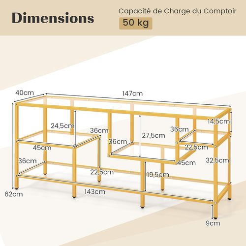 Meuble TV Verre, Meuble Télé Pour 65 Pouces, Table Console Avec 4 Etagères, Grand Plateau, Doré