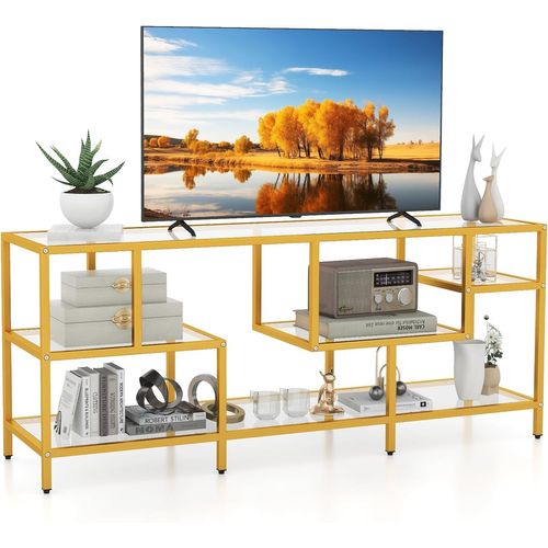 Meuble TV Verre, Meuble Télé Pour 65 Pouces, Table Console Avec 4 Etagères, Grand Plateau, Doré