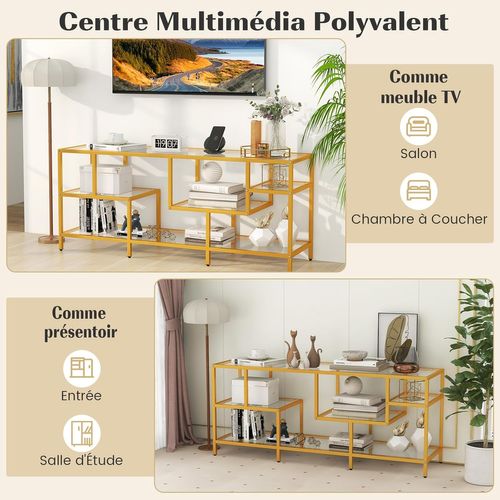 Meuble TV Verre, Meuble Télé Pour 65 Pouces, Table Console Avec 4 Etagères, Grand Plateau, Doré