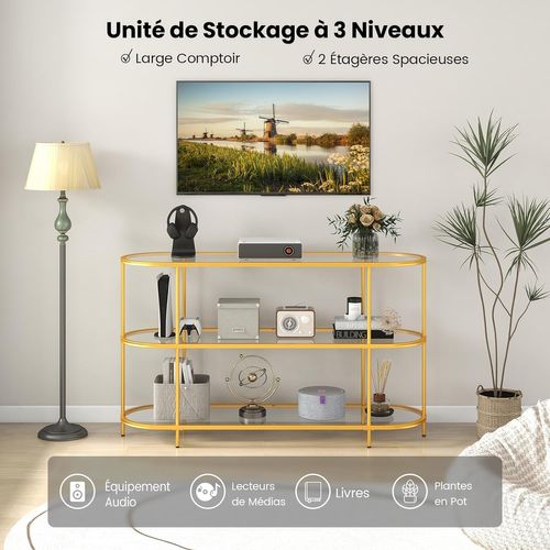 Meuble TV En Verre Trempé, Meuble Télé 3 Niveaux Pour 65 Pouces, Console TV Design Ovale, Doré
