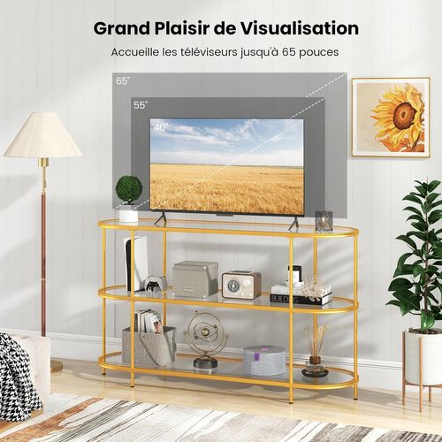 Meuble TV En Verre Trempé, Meuble Télé 3 Niveaux Pour 65 Pouces, Console TV Design Ovale, Doré