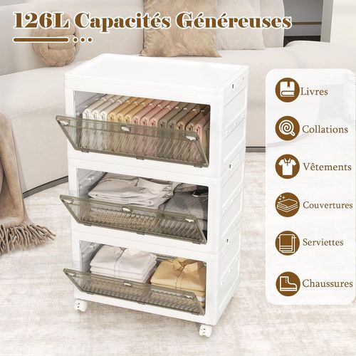 Boîte Rangement Plastique 126 L, 3 Caisses De Rangement Empilables Avec Couvercles, Roulettes