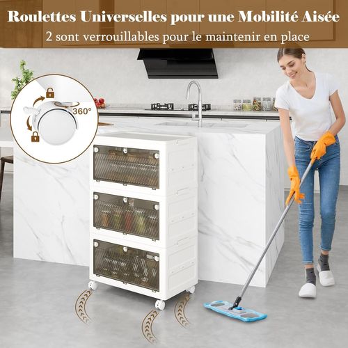 Boîte Rangement Plastique 126 L, 3 Caisses De Rangement Empilables Avec Couvercles, Roulettes