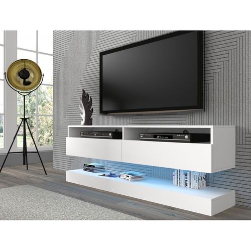Buffet Meuble TV Duo 160 Cm Suspendu Blanc Mat Avec Étagère