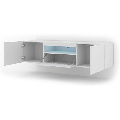 Meuble TV Bas Universel Aura 200 Cm à Suspendre Ou à Poser Blanc Mat / Blanc Brillant Avec LED